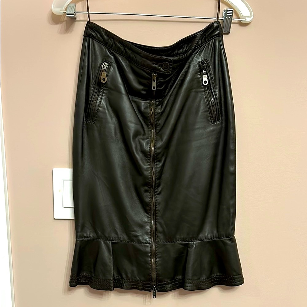 Moschino Dark Brown Leather Skirt with Ruffle Hem